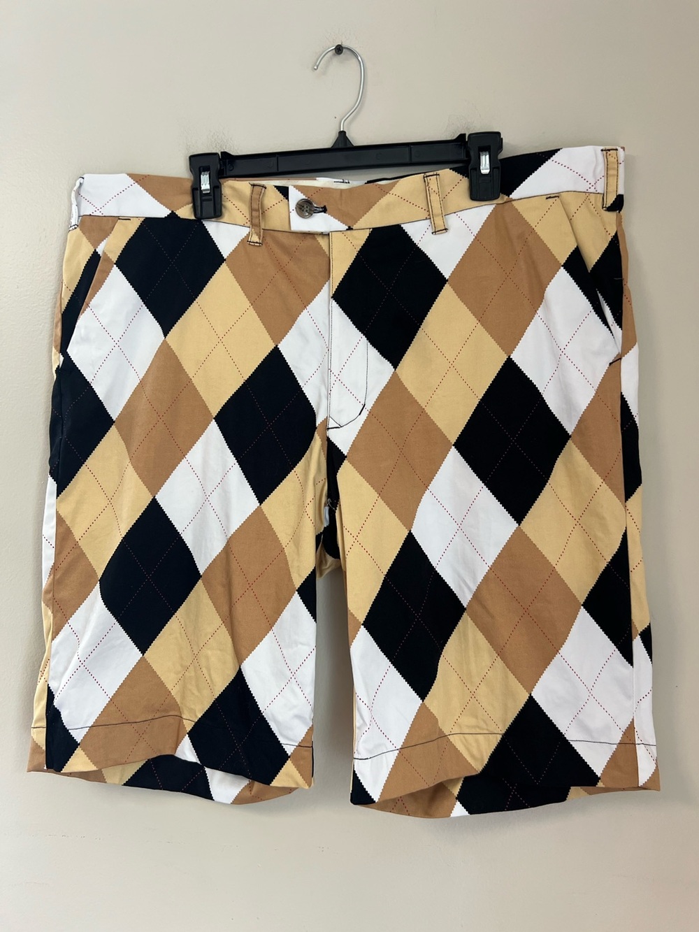 Loudmouth Golf Shorts Men’s 42 Argyle/ Diamond Pattern Yellow Brown Black Preppy